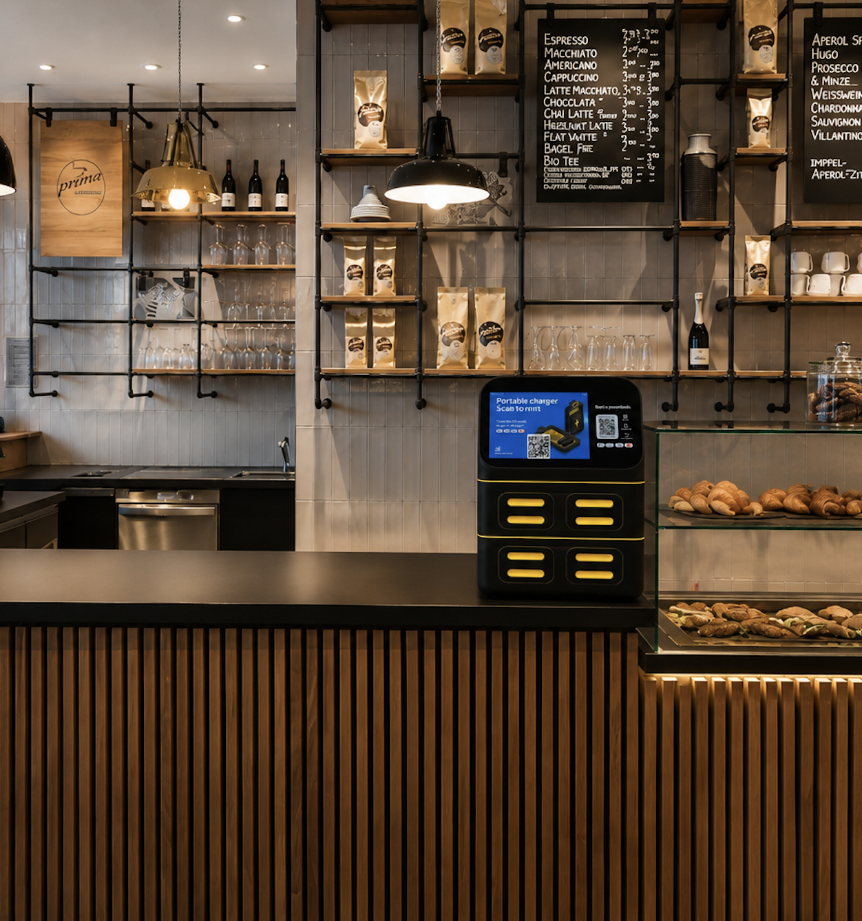Borne Flash Bank sur un comptoir de café